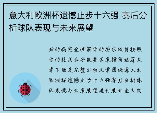 意大利欧洲杯遗憾止步十六强 赛后分析球队表现与未来展望